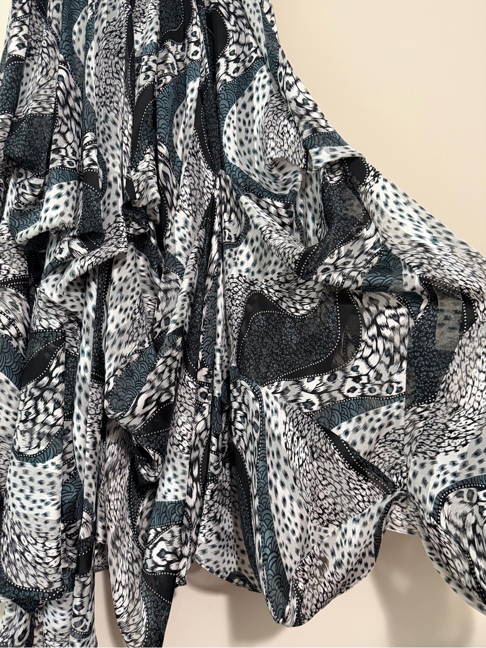 Boho Flowy Teal Black & White Abstract Handkerchief Maxi Skirt - Picture 6 of 15